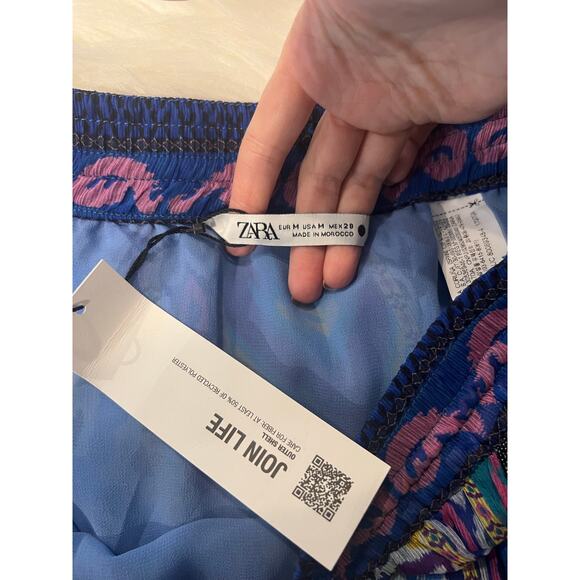 Zara High Waisted Lined Mini Skirt Boho Aztec Royal Blue Swing Asymmetric M NWT - Picture 7 of 9